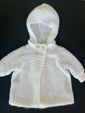 Baby Girl Hooded Knit White Sweater Coat | 0-3 Months | Cuddle Bear Collection